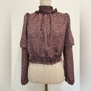 ZARA - Black Pink Floral Print Smocked Mock Neck Puff Sleeve Blouse Size S